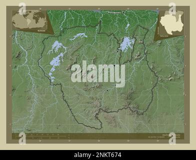 Sipaliwini, district of Suriname. Elevation map colored in wiki style with lakes and rivers. Locations and names of major cities of the region. Corner Stock Photo