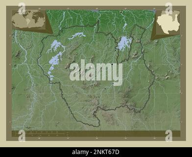 Sipaliwini, district of Suriname. Elevation map colored in wiki style with lakes and rivers. Locations of major cities of the region. Corner auxiliary Stock Photo