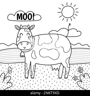 The cow goes moo black and white print. Coloring page with cute farm character Stock Vector