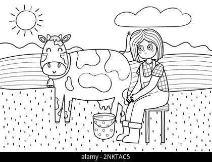 Black and white on the farm poster with cute girl milking a cow. Coloring page Stock Vector