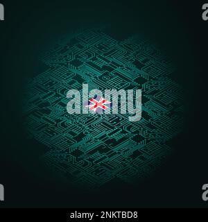 Electric circuit perspective UK green microchip Stock Vector