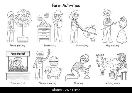 Farm activities black and white set with cute kids farmers. Coloring page Stock Vector