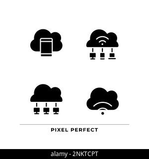 Connect devices to cloud based servers black glyph icons set on white space Stock Vector