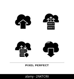 Data exchange via cloud resources black glyph icons set on white space Stock Vector
