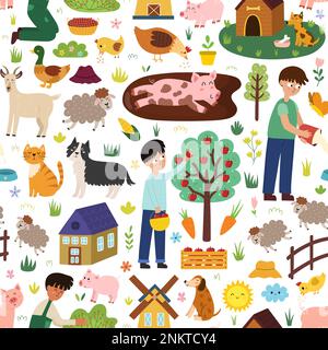 Cute farm animals seamless pattern. Pig in mud, boy gathering apples, sheep and other characters Stock Vector