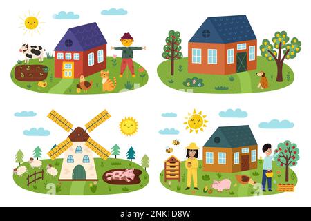 Farm landscapes set in cartoon style with farmhouses, animals and trees Stock Vector