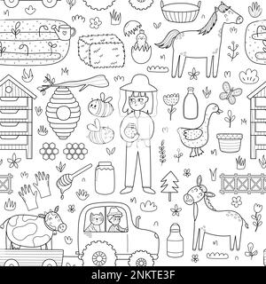 Farm seamless pattern with cute characters in black and white. Countryside background Stock Vector