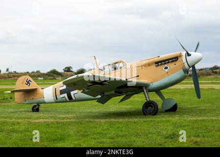 This is the Hispano HA1112-M1L Buchon G-AWHE a copy of the Messerschmitt Bf 109 at the Shoreham Airshow 2014, Shoreham Airport, East Sussex, UK. 30th August 2014 Stock Photo