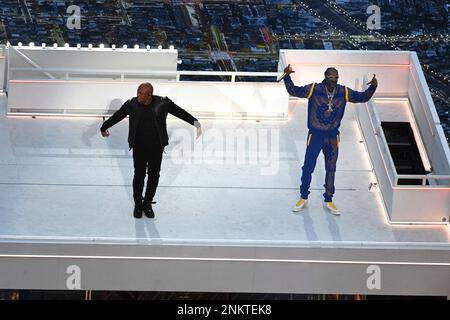 INGLEWOOD, CA - FEBRUARY 13: Dr. Dre and Snoop Dogg perform during