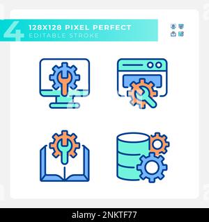 Computer system settings pixel perfect RGB color icons set Stock Vector