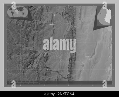 Lubombo, district of Eswatini. Grayscale elevation map with lakes and rivers. Corner auxiliary location maps Stock Photo