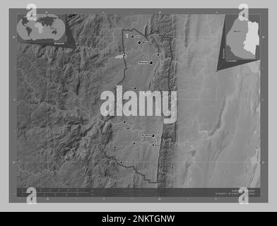 Lubombo, district of Eswatini. Grayscale elevation map with lakes and rivers. Locations and names of major cities of the region. Corner auxiliary loca Stock Photo