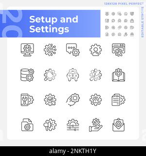 Setup and settings pixel perfect gradient linear vector icons set Stock Vector