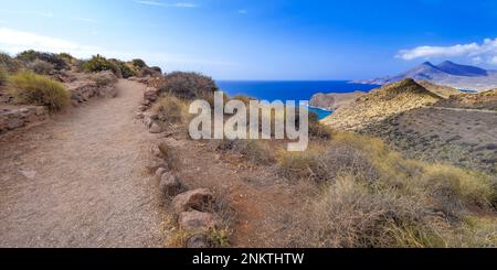 Rocky Coastline and Cliffs, Amatista Viewpoint, Cabo de Gata-Níjar Natural Park, UNESCO Biosphere Reserve, Hot Desert Climate Region, Almería, Andaluc Stock Photo