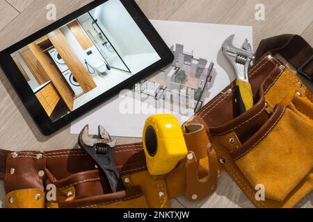 business, architecture, building, construction, drawings, tablet, tools Stock Photo