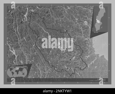 Dalarna, county of Sweden. Grayscale elevation map with lakes and rivers. Locations and names of major cities of the region. Corner auxiliary location Stock Photo