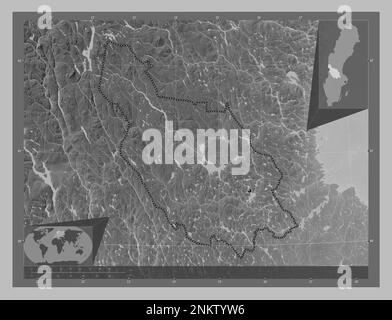 Dalarna, county of Sweden. Grayscale elevation map with lakes and rivers. Corner auxiliary location maps Stock Photo