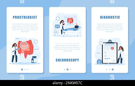 Proctology banner set. Intestine exam and treatment. Female proctologist make diagnosis and choose therapy. Colonoscopy concept. Vector illustration Stock Vector