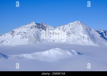 Over a cloud carpet with snow covered Swiss Alps in Viamala, Valferrera, Switzerland Stock Photo