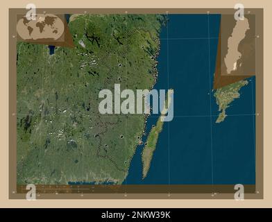 Kalmar, county of Sweden. Low resolution satellite map. Locations of major cities of the region. Corner auxiliary location maps Stock Photo