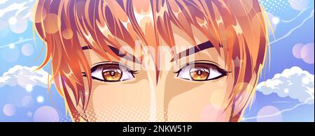 Brown eyes of a red-haired young man in anime style. Look at the background of the blue sky. Vector image. Stock Vector