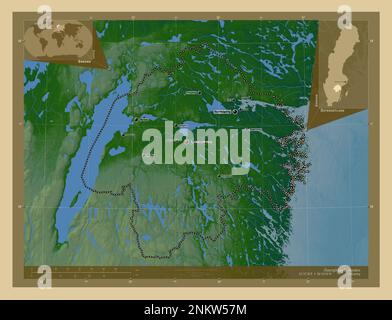 Ostergotland, county of Sweden. Colored elevation map with lakes and rivers. Locations and names of major cities of the region. Corner auxiliary locat Stock Photo