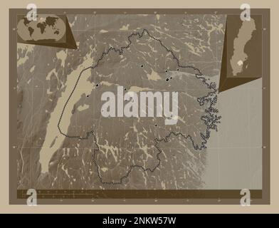 Ostergotland, county of Sweden. Elevation map colored in sepia tones with lakes and rivers. Locations of major cities of the region. Corner auxiliary Stock Photo