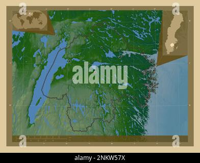 Ostergotland, county of Sweden. Colored elevation map with lakes and rivers. Locations of major cities of the region. Corner auxiliary location maps Stock Photo