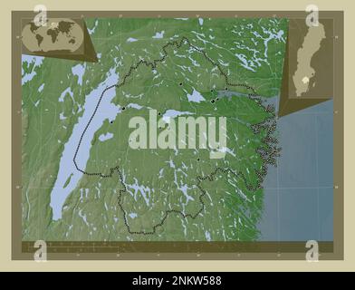 Ostergotland, county of Sweden. Elevation map colored in wiki style with lakes and rivers. Locations of major cities of the region. Corner auxiliary l Stock Photo