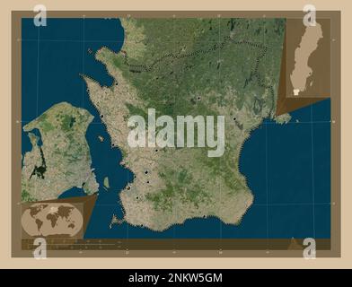 Skane, county of Sweden. Low resolution satellite map. Locations of major cities of the region. Corner auxiliary location maps Stock Photo