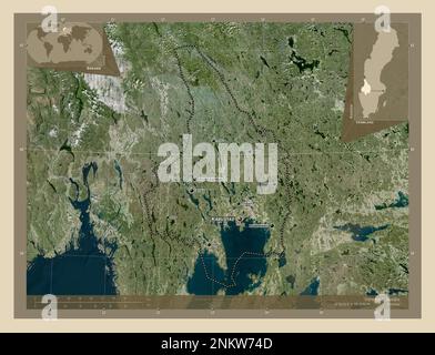 Varmland, county of Sweden. High resolution satellite map. Locations and names of major cities of the region. Corner auxiliary location maps Stock Photo