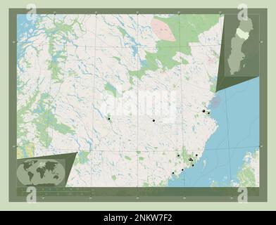 Vasterbotten, county of Sweden. Open Street Map. Locations of major cities of the region. Corner auxiliary location maps Stock Photo