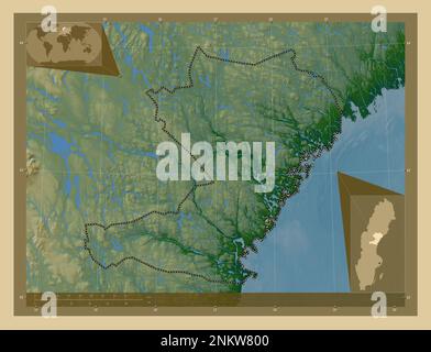 Vasternorrland, county of Sweden. Colored elevation map with lakes and rivers. Corner auxiliary location maps Stock Photo