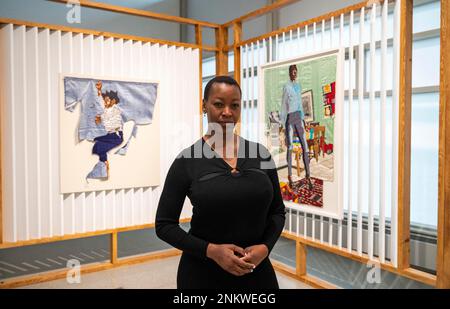 Brighton UK 24th February 2023 - Malawian artist Billie Zangewa at Brighton CCA where her first major exhibition A Quiet Fire is on until 14th May . The exhibition features a  retrospective of Zangewa’s work from the last ten years. : Credit Simon Dack / Alamy Live News Stock Photo