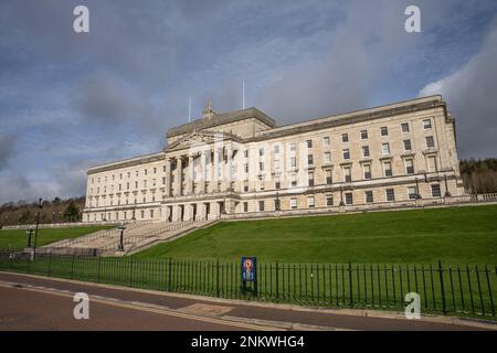 Belfast City, Co Antrim, Northern Ireland, February 17th 2023. Front of Stormont, Northern Irish House of Parliament, view from right of the building Stock Photo