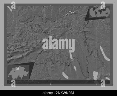 Aargau, canton of Switzerland. Bilevel elevation map with lakes and rivers. Corner auxiliary location maps Stock Photo