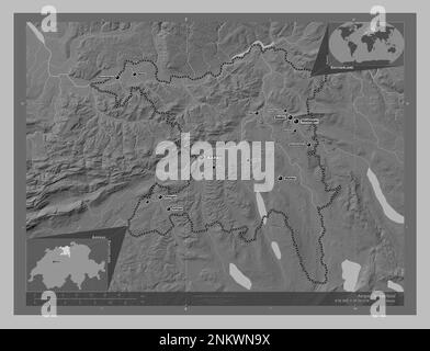 Aargau, canton of Switzerland. Grayscale elevation map with lakes and rivers. Locations and names of major cities of the region. Corner auxiliary loca Stock Photo