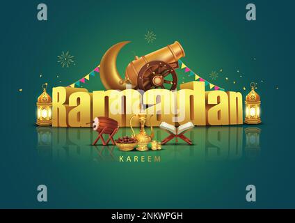 Eid Mubarak and Ramadan Kareem greetings. golden 3d letter and Ramadan props background .abdtract vector illustration design Stock Vector