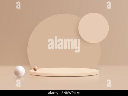 3D realistic beige podium platform stand with circles backdrop decoration white sphere balls minimal wall scene background. Display for spa and beauty Stock Vector