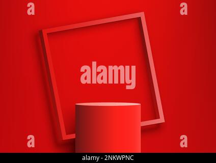 3D realistic modern red cylinder podium stand with red square frame backdrop minimal wall scene background. Product display for beauty cosmetic, studi Stock Vector