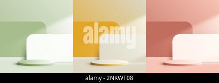 Set of 3D realistic modern green, yellow, pink pastels colors cylinder podium stand with geometric backdrop minimal wall scene background. Product dis Stock Vector