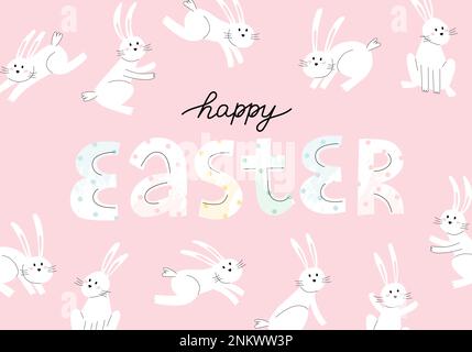 Happy easter trendy lettering with bunnies. Minimalist holiday characters, cute stylized rabbits, vector illustration for prints or greeting cards Stock Vector