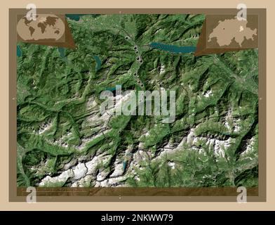 Glarus, canton of Switzerland. Low resolution satellite map. Locations of major cities of the region. Corner auxiliary location maps Stock Photo