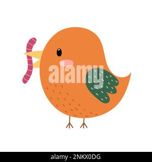 Cute bird eating a worm in cartoon style. Funny character with earthworm in its beak Stock Vector