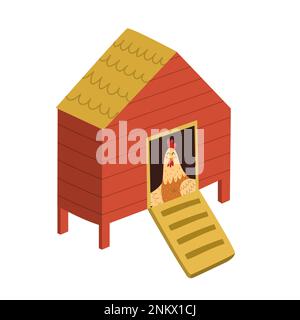 Chicken coop with a cute hen inside. Farm bird house isolated element Stock Vector
