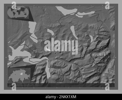 Schwyz, canton of Switzerland. Bilevel elevation map with lakes and rivers. Corner auxiliary location maps Stock Photo