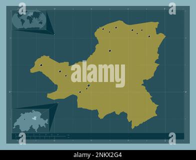 Schwyz, canton of Switzerland. Solid color shape. Locations of major cities of the region. Corner auxiliary location maps Stock Photo