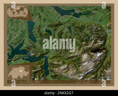 Schwyz, canton of Switzerland. Low resolution satellite map. Locations of major cities of the region. Corner auxiliary location maps Stock Photo