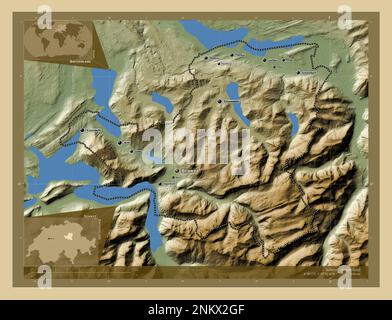 Schwyz, canton of Switzerland. Colored elevation map with lakes and rivers. Locations and names of major cities of the region. Corner auxiliary locati Stock Photo