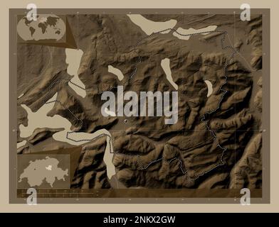 Schwyz, canton of Switzerland. Elevation map colored in sepia tones with lakes and rivers. Corner auxiliary location maps Stock Photo